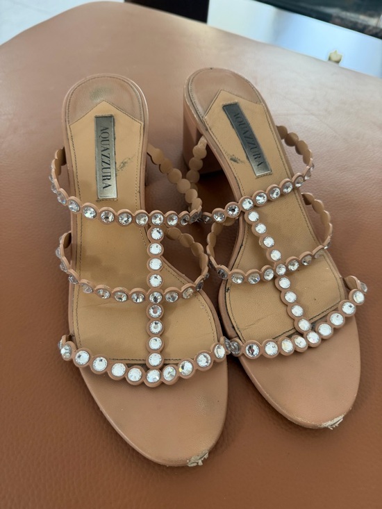 Aquazzura Shoes - Aquazzura Tequila Crystal Embellished Leather Mules Nude Size 40 Block Heel